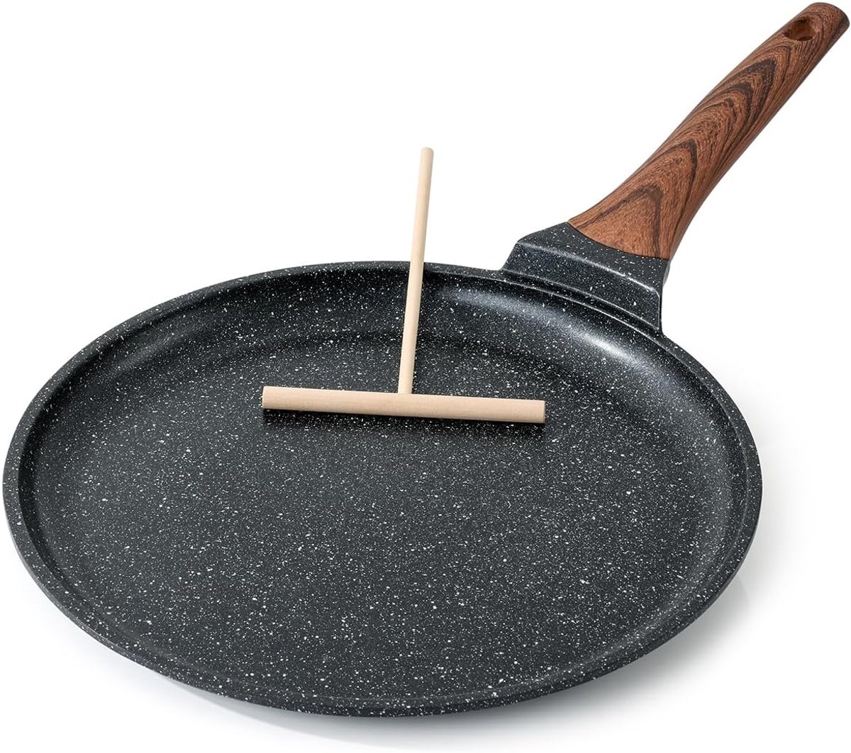 Antiaanbak Crêpepan, 30 cm Dosa-pan met Spreider, Platte Pannenkoekenpan met Gezonde Coating voor Kookplaat, Geschikt voor Inductie, PFOA-vrij, Zwart