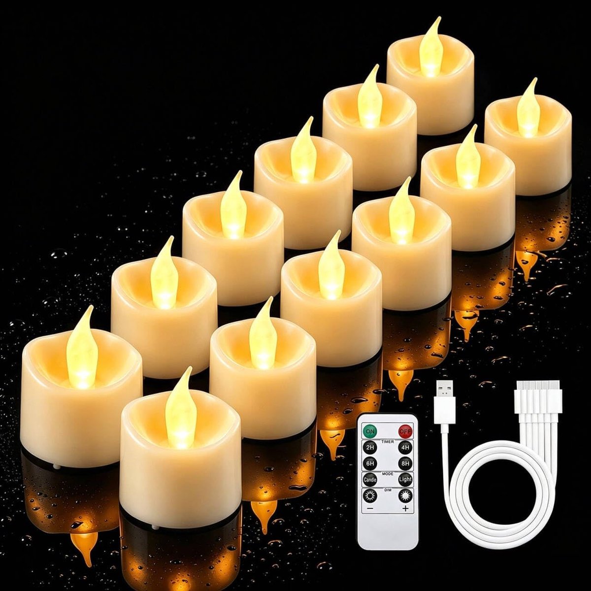 SnelShoppen - 12 Oplaadbare LED Theelichten met Timer en Afstandsbediening - Flicker Effect voor Sfeervolle Decoratie - Inclusief 6 Poorts USB-C Oplaa