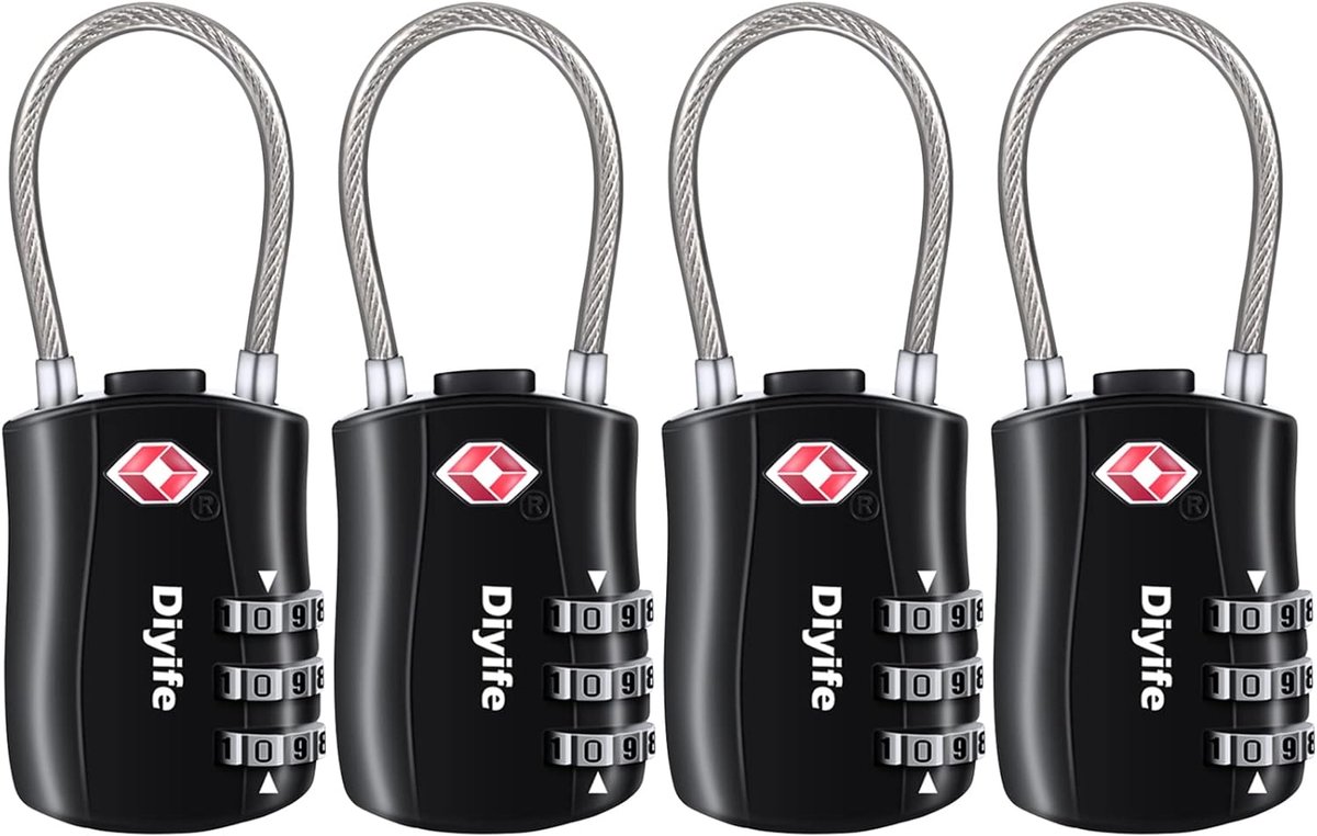 SnelShoppen - TSA Bagagesloten, [4 stuks] 3-Cijferige Beveiligingsslot, Combinatieslot voor Reisbagage, Koffers, Zwart