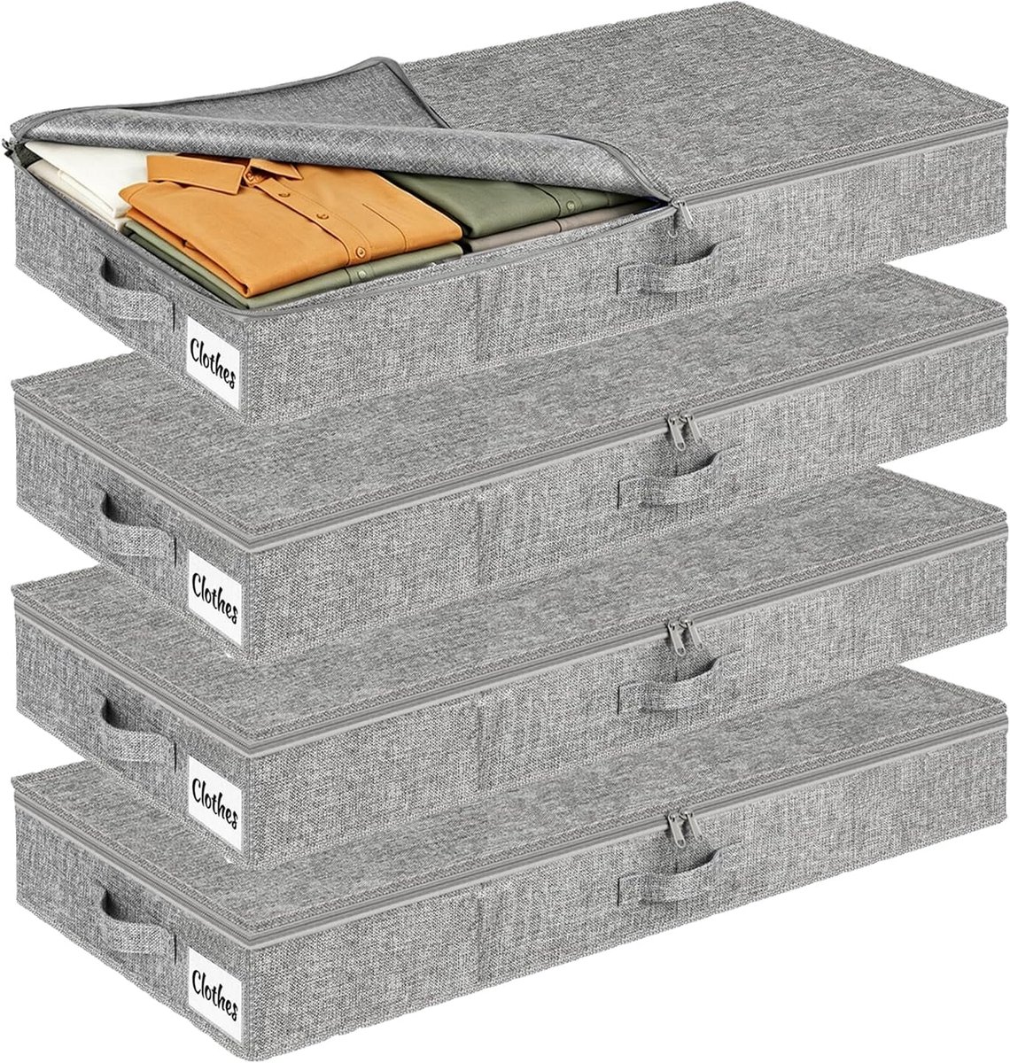 SnelShoppen - Opbergdoos voor onderbed, 12 cm, met deksel, 4 stuks, opvouwbare onderbedcommode, stabiel, ruimtebesparend, grijs, voor kleding en deken