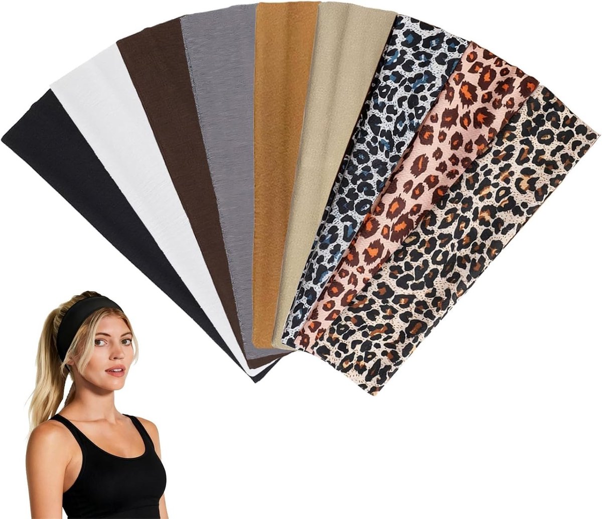 Haarbanden voor dames in 9 stuks, met luipaardprint en effen kleuren, perfect voor yoga, fitness en sportactiviteiten – trendy modeaccessoires voor elke gelegenheid
