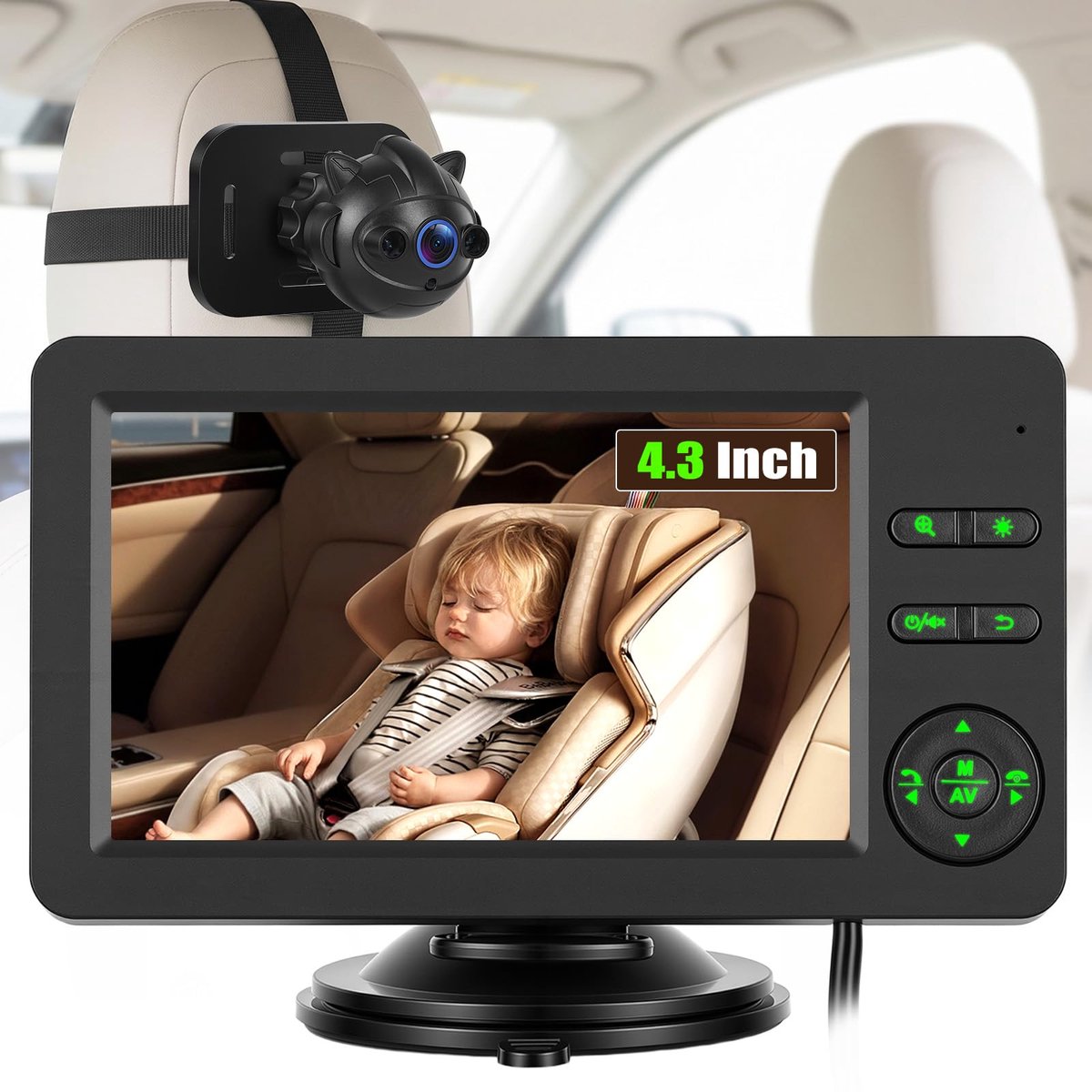 SnelShoppen - Babymonitor auto met camera 4,3 inch HD 720P, Bluetooth, muziek, handsfree, groothoek, nachtzicht, eenvoudig te monteren aan hoofdsteun