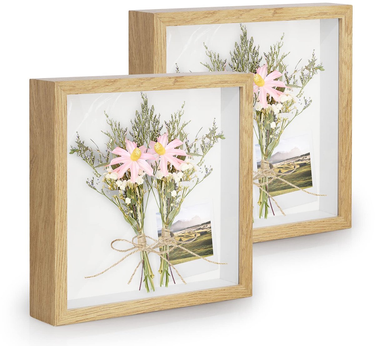 3D Fotolijst 20x20 cm (8x8 inch), 2 Stuks Framediepte Displayframe voor Object voor Bloemen, Souvenirs, Diamantschilderij - 3 cm Diepte/Houtnerf