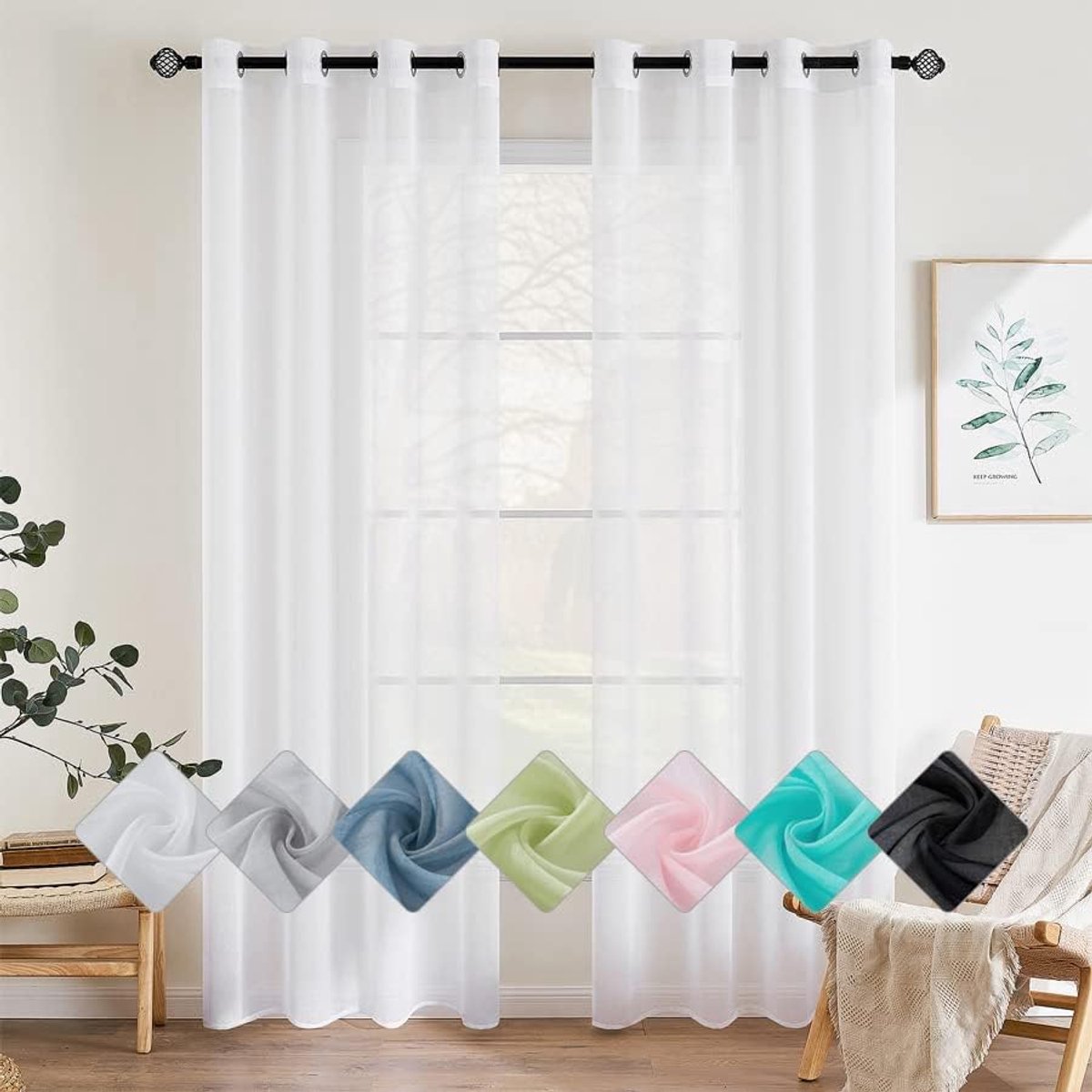 Doorzichtige zachte raamgordijnen van voile met oogjes, voor slaapkamer, salon en woonkamer, elegant, 140 x 200 cm, wit, 2 stuks