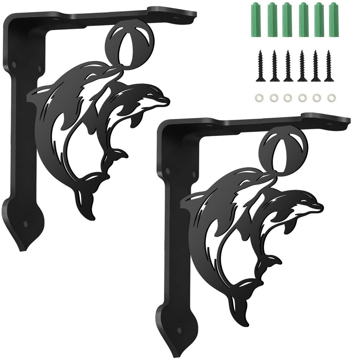 2 stuks metalen decoratieve houders, zwart, L-hoek, wandplankhouder, stabiele plankdrager, 21 x 17,2 x 0,4 cm, met dolfijn, voor planken en keuken, zwart