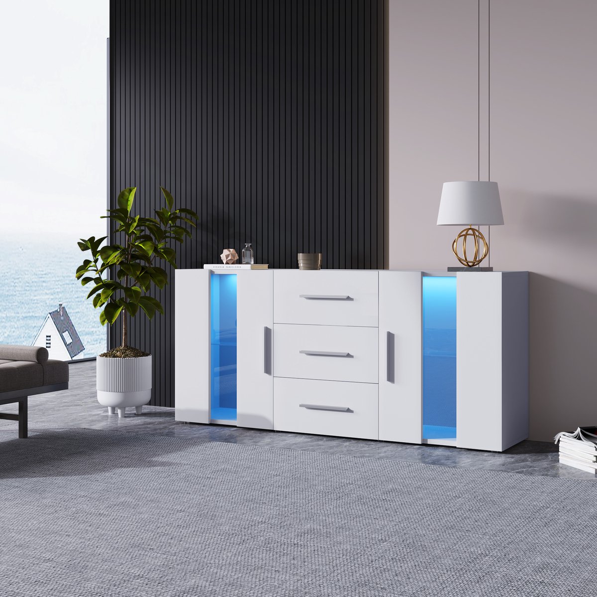 Zubaliya TV-meubel/Sideboard - 140x35x70 cm - LED-verlichting (USB) - laag design - voor eetkamer & woonkamer