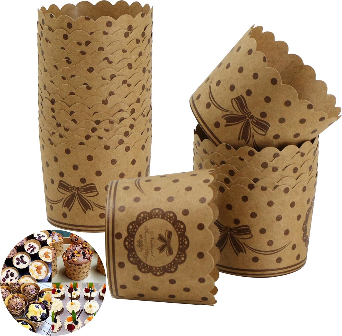 bakvormpjes, papier, cupcake-vormen, 50 stuks, kraftpapier, bowknot, bakbekers voor muffins, dessert, bruiloft, verjaardagsfeest, hoge temperatuurbestendigheid, robuust, bruin