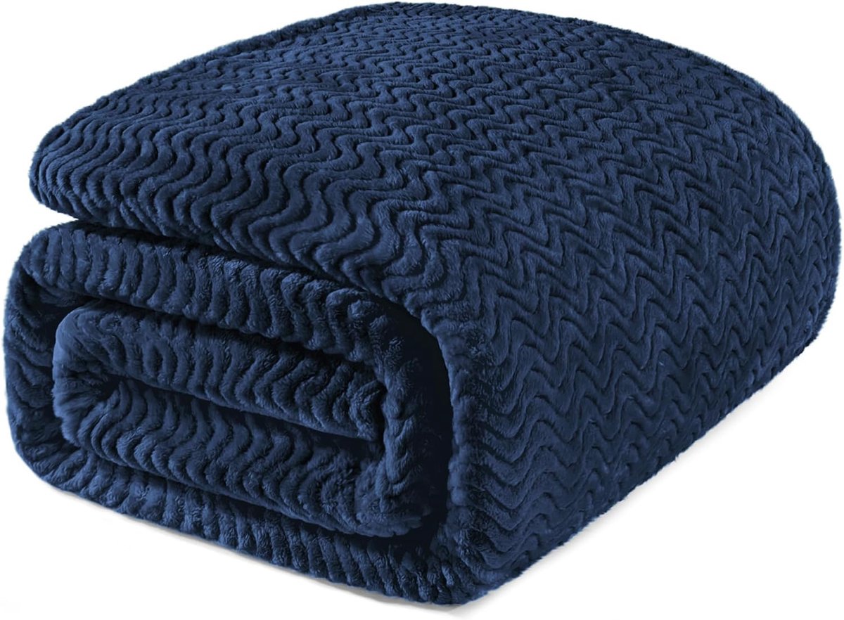 Mezcla Dubbele grootte Jacquard Weave Wave Patroon Flanel Fleece Fluwelen Pluche Bed Deken als Sprei/Coverlet/Bed Cover (230x168cm, Marineblauw) - Zacht, Lichtgewicht, Warm en Gezellig