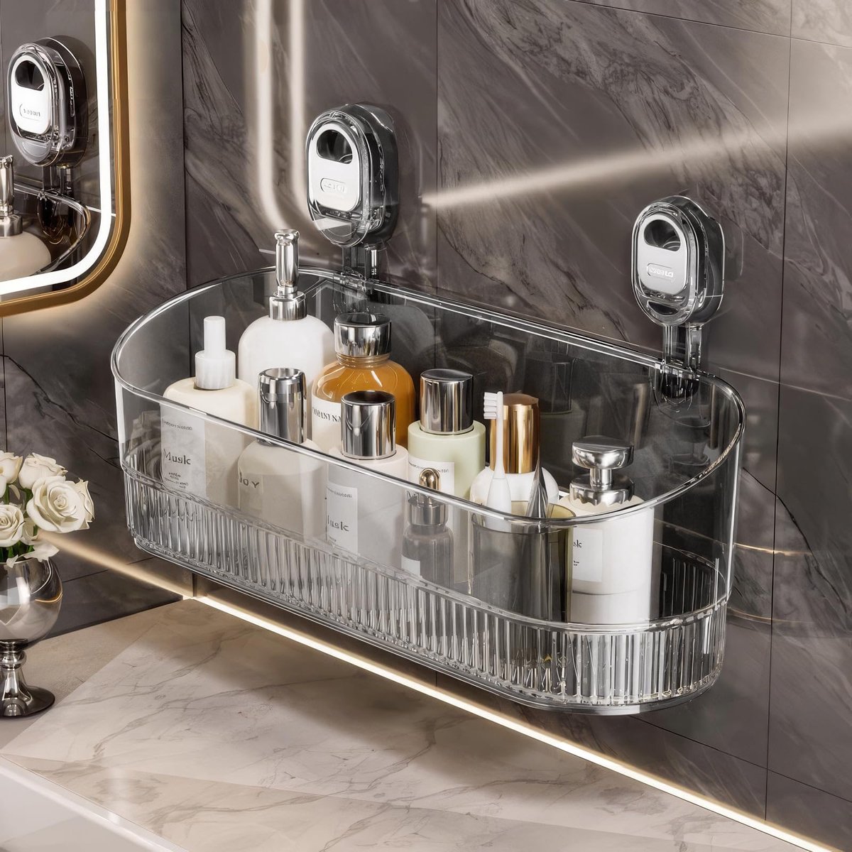 Doucheplank met zuignap, badkamerrek zonder boren, acryl, doucheplank met zuignap, badkamerdoucheplank voor shampoo, conditioner, houder badkamer, wandrek met 2 haken, voor badkamer, keuken, organizer