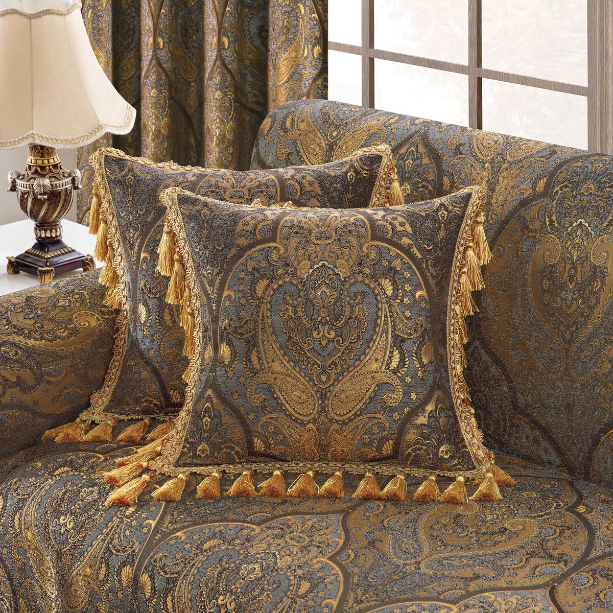 45x45cm, 1 Stuk Klassieke Jacquard Kussensloop met Kwastjes, Decoratieve Vierkante Kussenhoes met Rits voor Bank, Woonkamer, Slaapkamer (Grijs & Goud)
