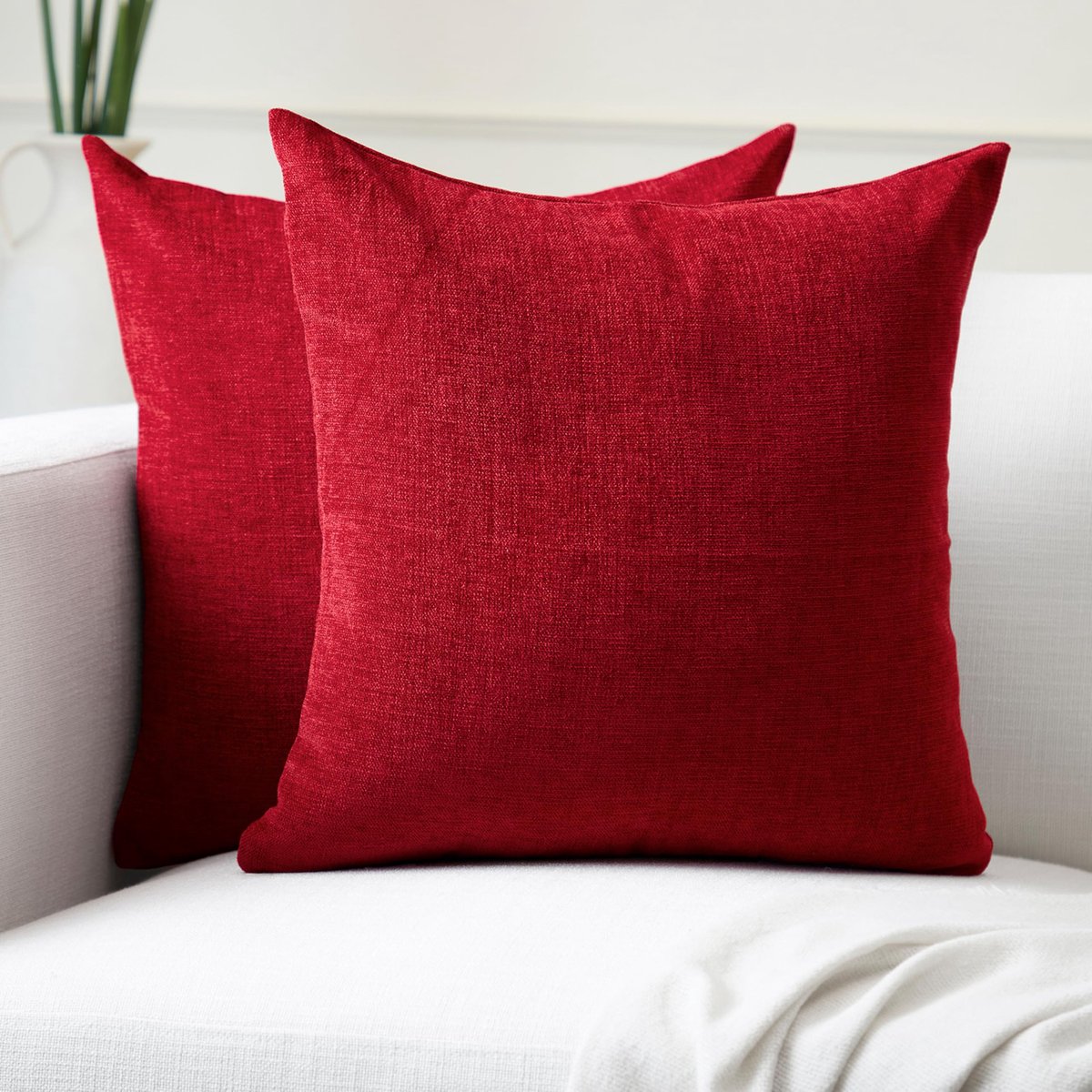Homes Chenille Throw Pillow Covers 2 stuks Set - Scharlaken rood - 50 x 50 cm Textured Solid Colour, Soft & Smooth, Square Accent Decorative Cushion voor Couch, Sofa, Chair, Bed & Floor