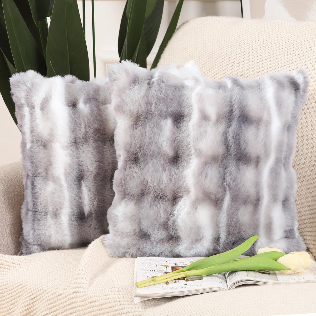 Set van 2 Sierkussenhoezen - Zacht Pluche Fluweel - Voor Bank en Slaapkamer - Wit Grijs 40x40 cm