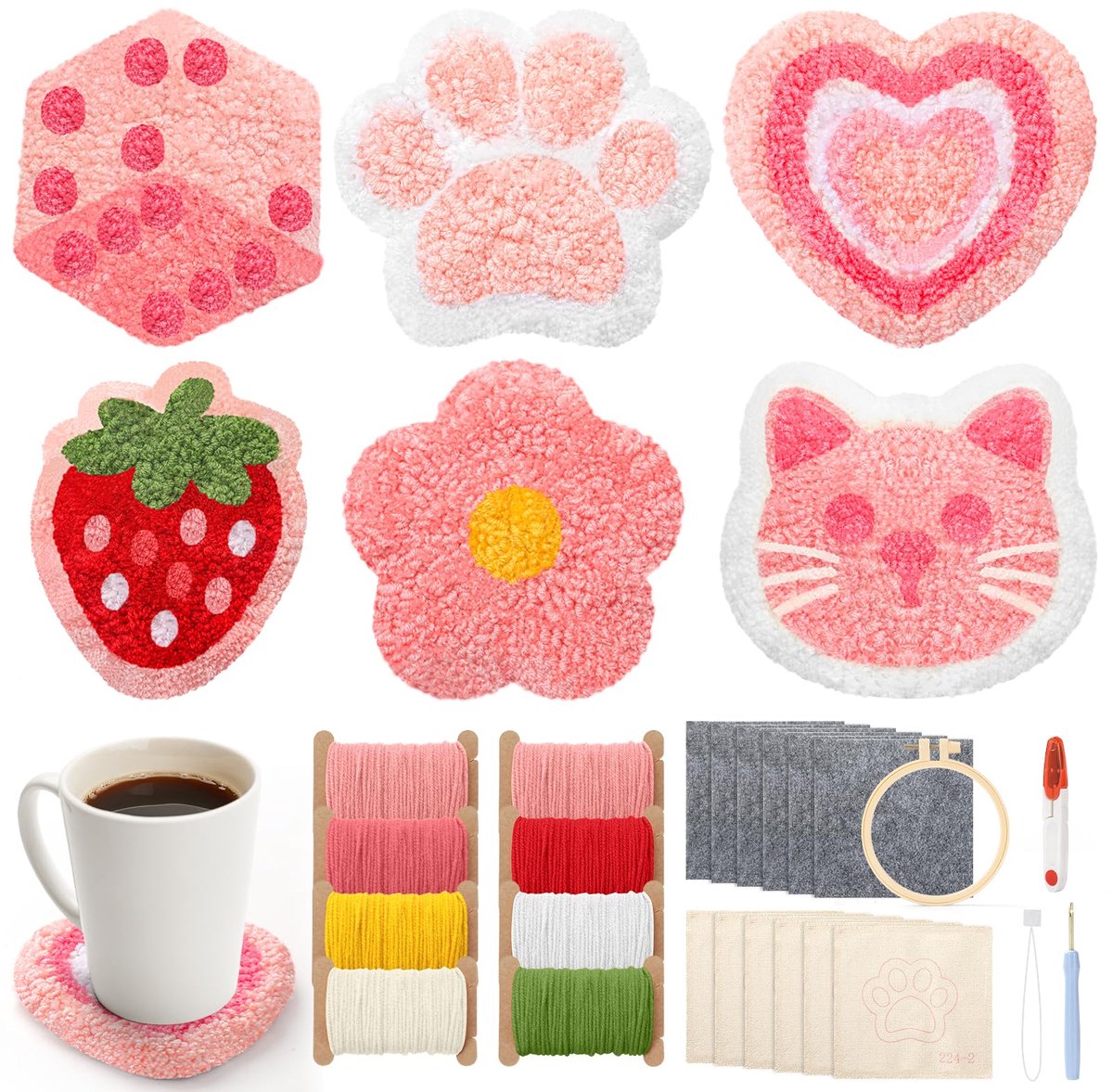 Punch Needle Coasters Kit for Beginners, 6PCS DIY Embroidery Set with Patterns, Yarn, Tools & Hoop, Needle Felting Kit, Craft Supplies, Creative Gift（Cute Pattern）