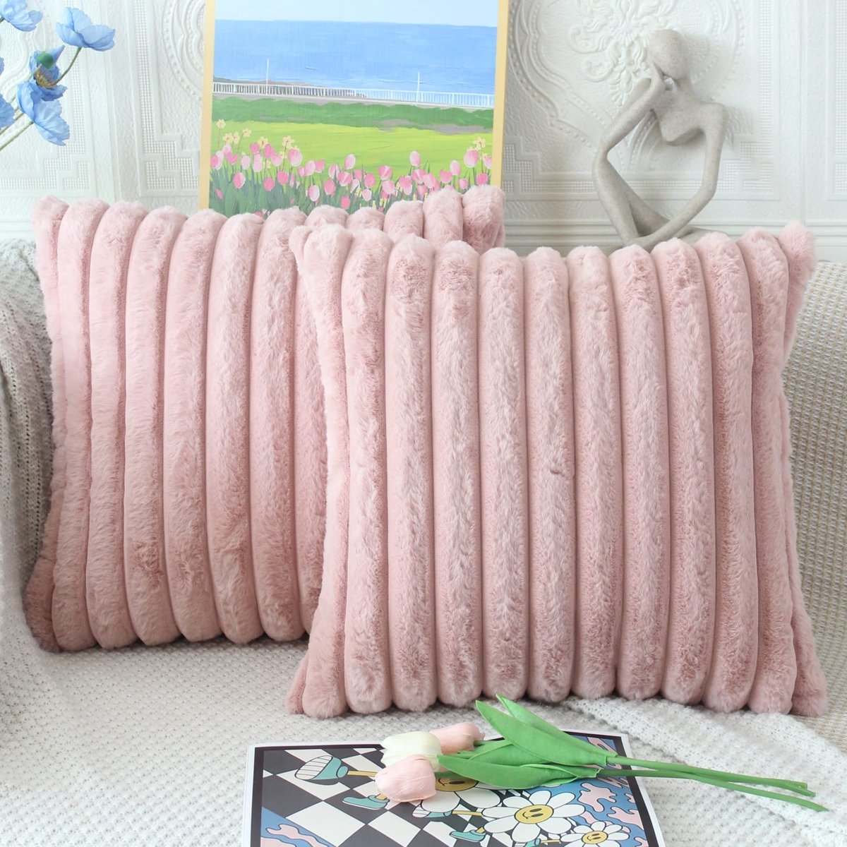 Roze Kussenhoes 45x45 Set Van 2 Pluizige Pluche Decoratieve Kussenhoezen Zacht Gestreept Bont Kussenhoes Decoratief Bankkussenhoes Luxe Bankkussen Decoratieve Kussenhoezen Woonkamer