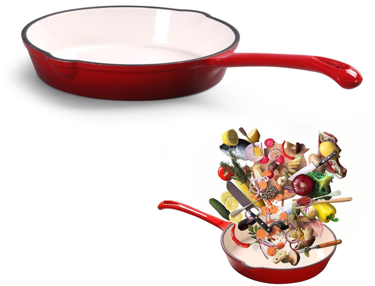 Dailygoods- Gietijzeren Pan 16 cm - Geëmailleerd - Dubbele Anti-aanbaklaag - Lange Handgreep - Geschikt voor Gasfornuizen/Inductie - Duurzaam - Kookpan