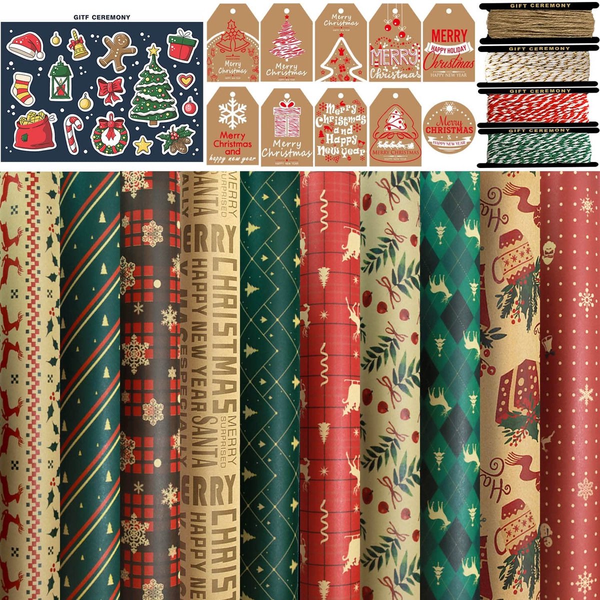 Dailygoods- Cadeaupapierset 10 vellen - 10 labels - 4 rollen koorden - Kraftpapier - Kerstcadeauverpakking - 3 stijlen - Cadeaupapier
