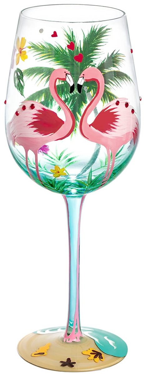Dailygoods- Wijnglas 15oz Handgeschilderd - Milieuvriendelijk - Voedingskwaliteit Verf - Kerst/Verjaardagscadeau - Flamingo/Palmboom - Handgeblazen - Glazen