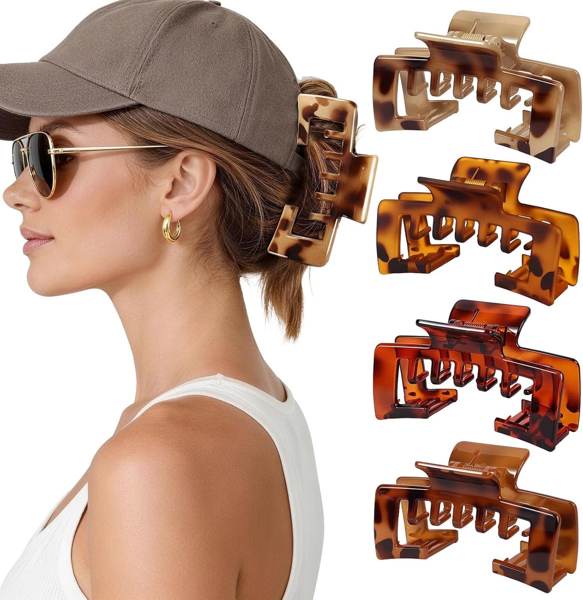 4 stuks grote haarclips voor petten, verstelbare haarclips met schildpadpatroon voor dames en meisjes, anti-slip haarclips met sterke grip voor trucker-caps
