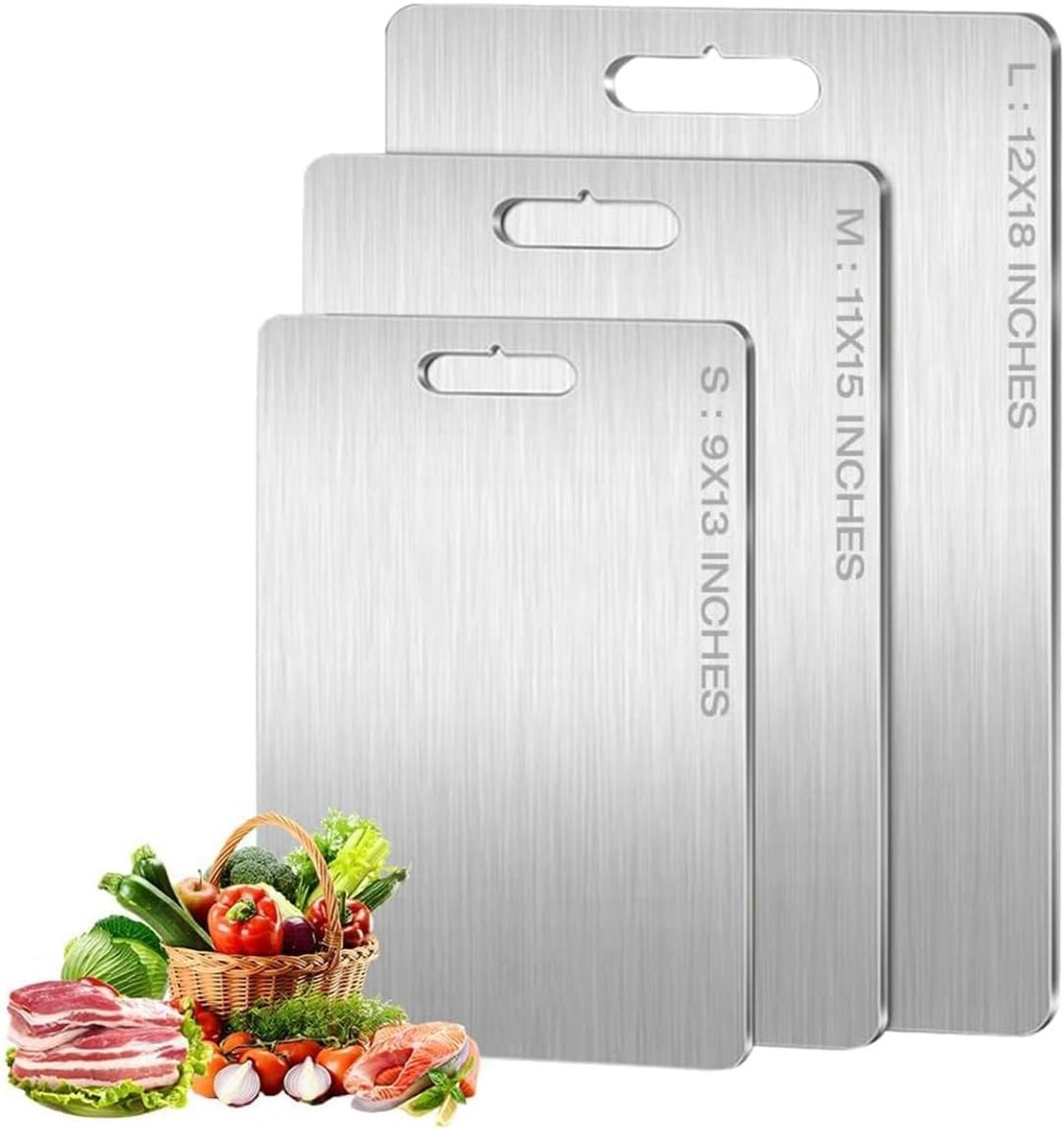 Set van 3 roestvrijstalen snijplanken voor vlees, groenten, fruit, snijplank voor de keuken, vaatwasmachinebestendig