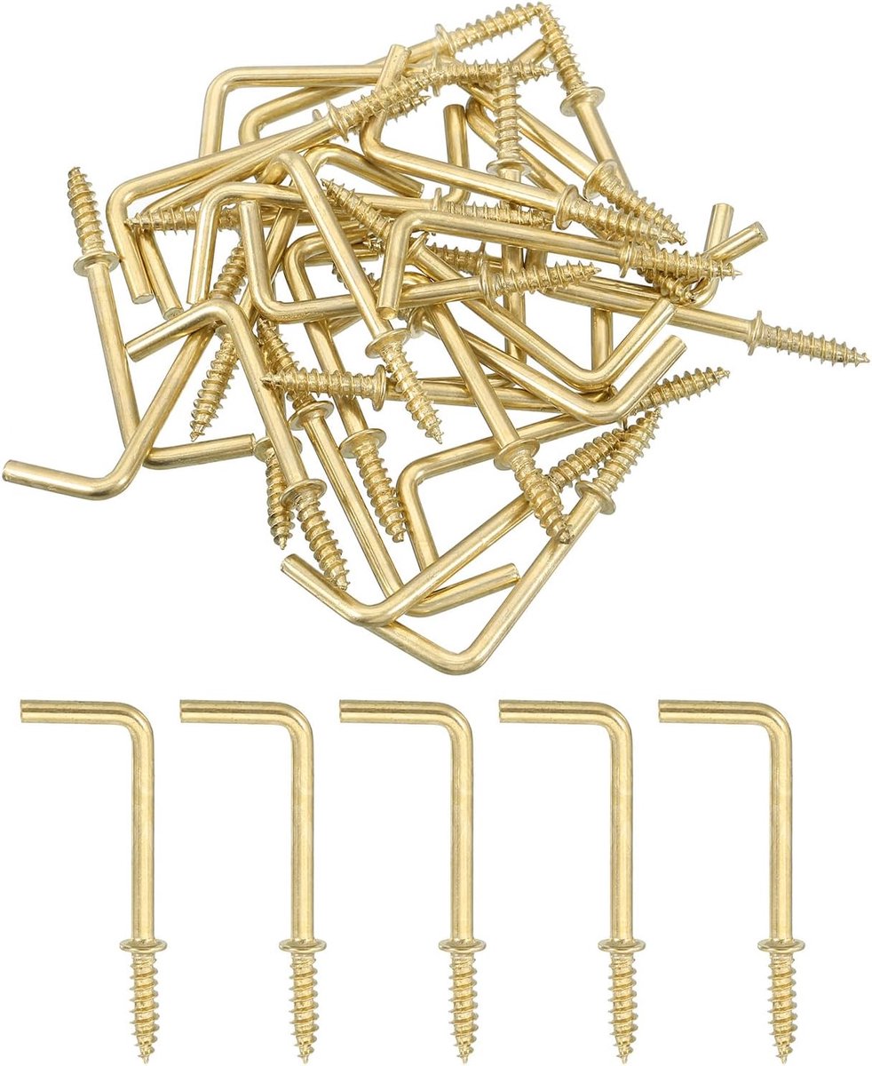 Haken, 50 Stuks 1-1/4 Inch L-Vormige Schroefhaken, Haakse Metalen Schroefhaken In 7 Vormen Om Op Te Hangen, Goud