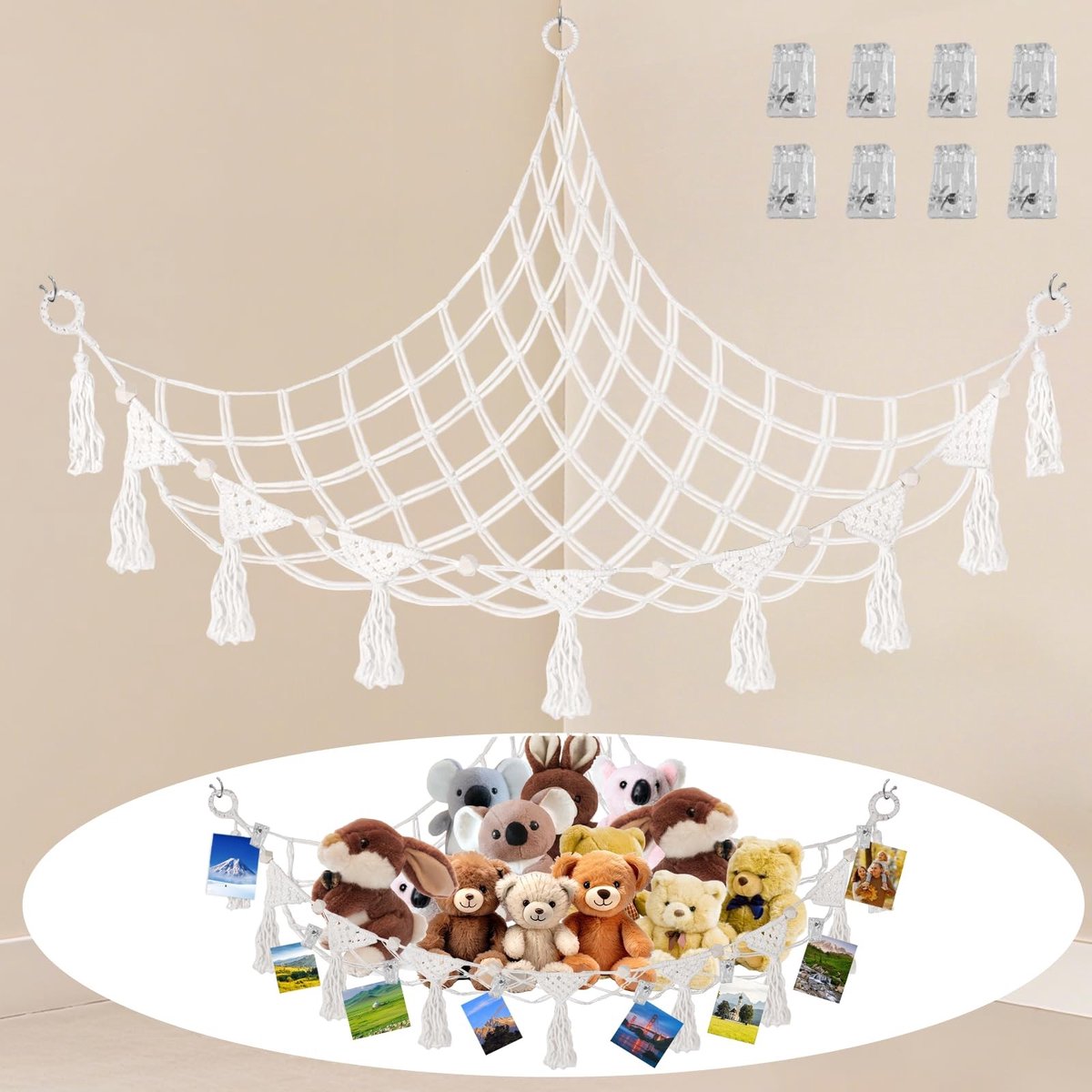 Dailygoods- Opbergnet met 8 fotoclips - Hangende Opberger - Knuffeldier - Boho-stijl - Handgeweven - Natuurlijk katoenen touw - Speelgoedopslag