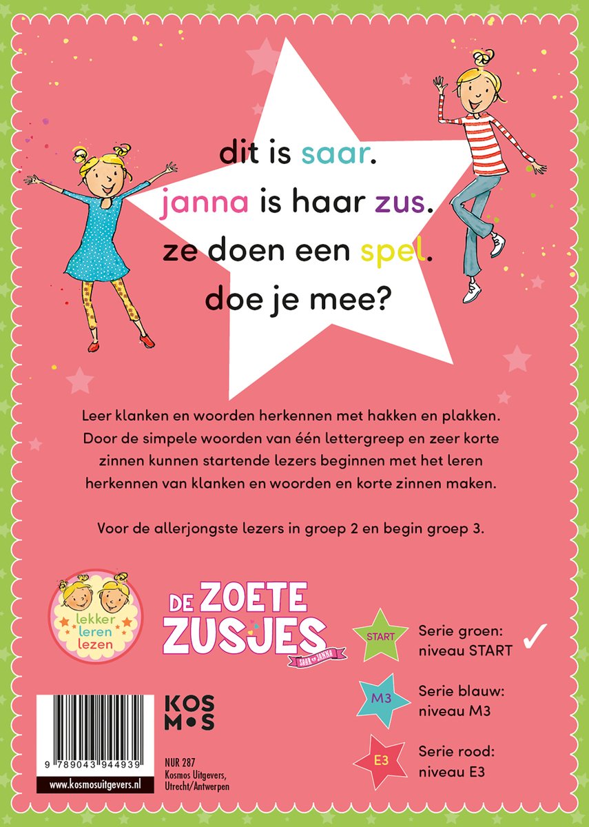 Boekomslag met twee meisjes en de tekst 'dit is saar. janna is haar zus. ze doen een spel. doe je mee?'