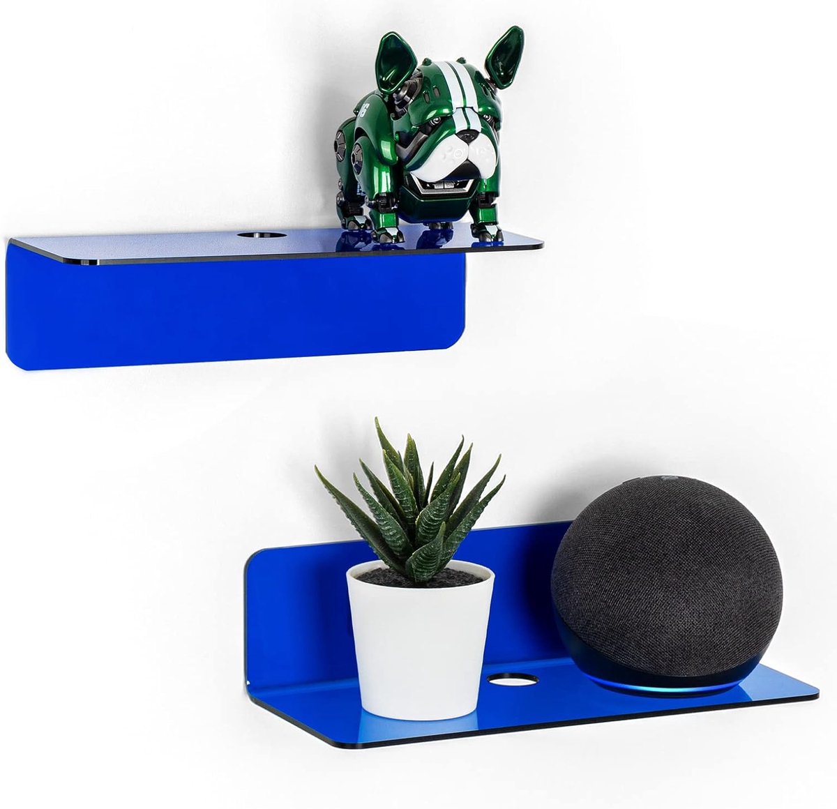 Acryl drijvende wandplanken set van 2, schadevrij uitbreiden wandruimte, kleine wandplank voor slimme luidspreker, actiefiguren, monitor met kabelclips, stick on, geen boor (blauw)