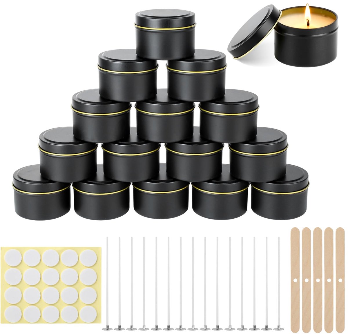 15 stuks kaarsenpotjes, 120 ml ronde kaarsenhouder, kaarsenbeker met accessoires voor het maken van kaarsen, kaarsenglazen met deksel voor zelfgemaakte kaarsen, sieraden, cosmetica (zwart)