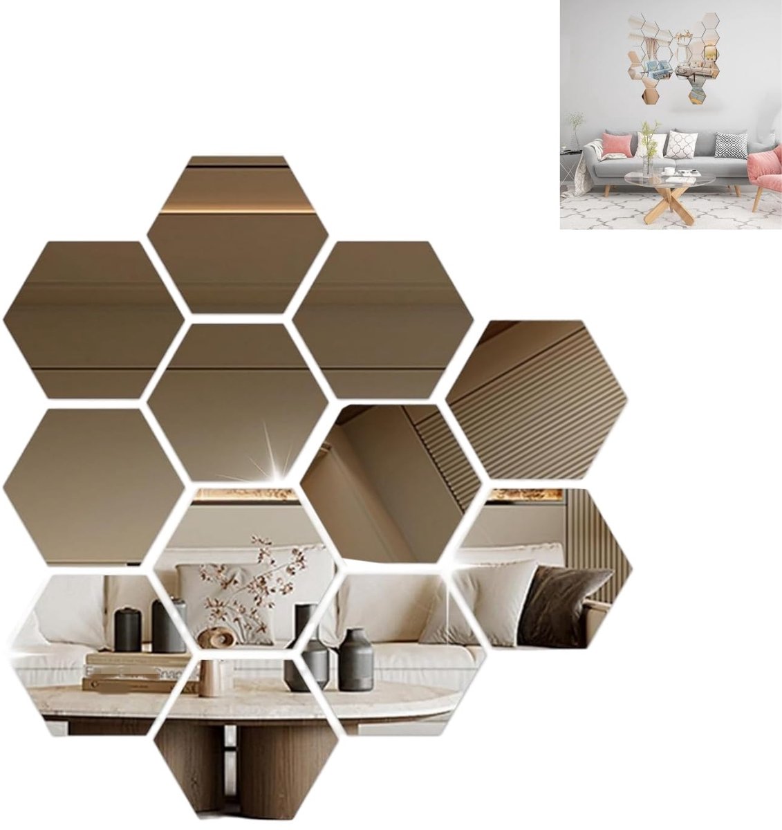 Spiegel van acryl, 12 stuks spiegels, zeshoekige stickers, wandstickers, spiegels, voor thuis, badkamer, slaapkamer, woonkamer, wanddecoratie en tegels, tv-achtergrond
