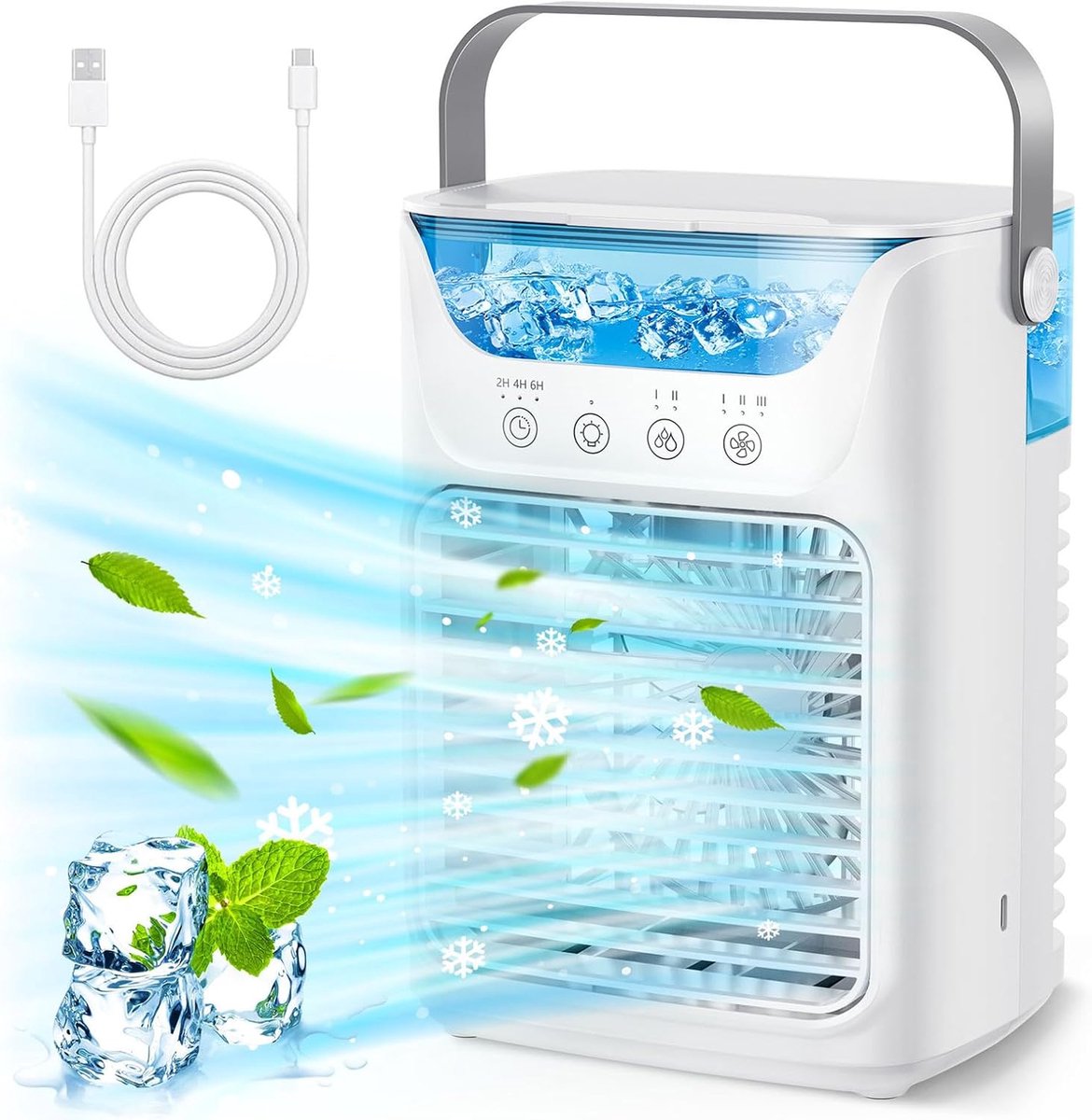Deze 4-in-1 ventilator-airconditioner heeft een waterreservoir van 700 ml, drie instelbare ventilatorsnelheden, een USB-voeding en een draagbaar ontwerp, waardoor hij geschikt is voor thuis, op kantoor en buitenshuis.