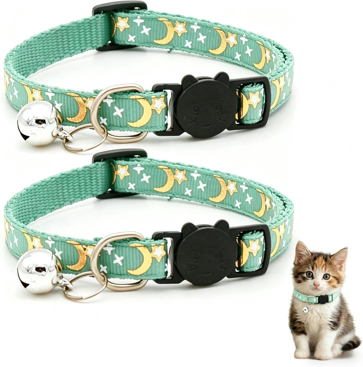 Verstelbare reflecterende kattenhalsband met belletje, maan- en sterrenprint, kittenhalsband met veiligheidssluiting, schattige kattenhalsband, verkrijgbaar in meerdere kleuren (2 stuks).