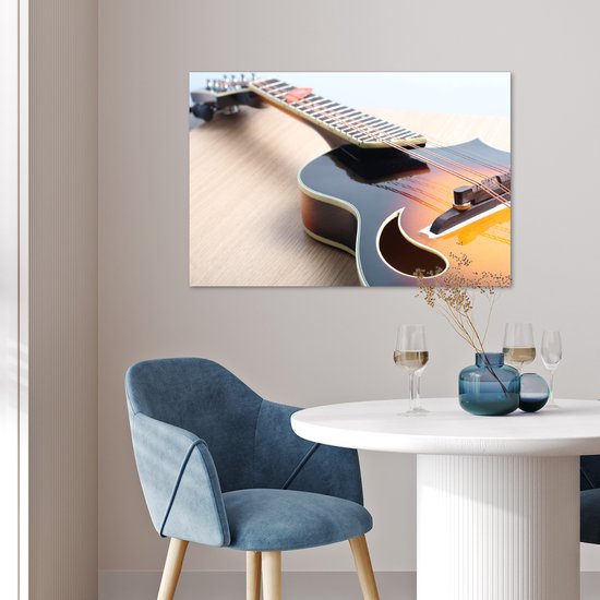 Une guitare électrique sur un plancher en bois Poster 90x60 cm - Tirage photo sur Poster (décoration murale salon / chambre)