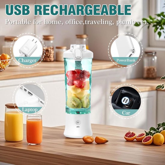 Draagbare mixer 600 ml smoothie maker to go, draagbare sapcentrifuge met 6 messen en USB-oplaadbaar, voor sportschool, kantoor en reizen (wit) — afbeelding 5