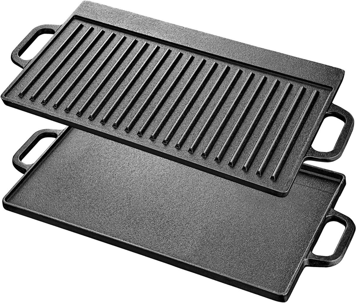 Gietijzeren grillplaat - Dubbelzijdig rooster - Buiten koken - Omkeerbaar geribbeld plat - 42 x 23 cm - Zwart