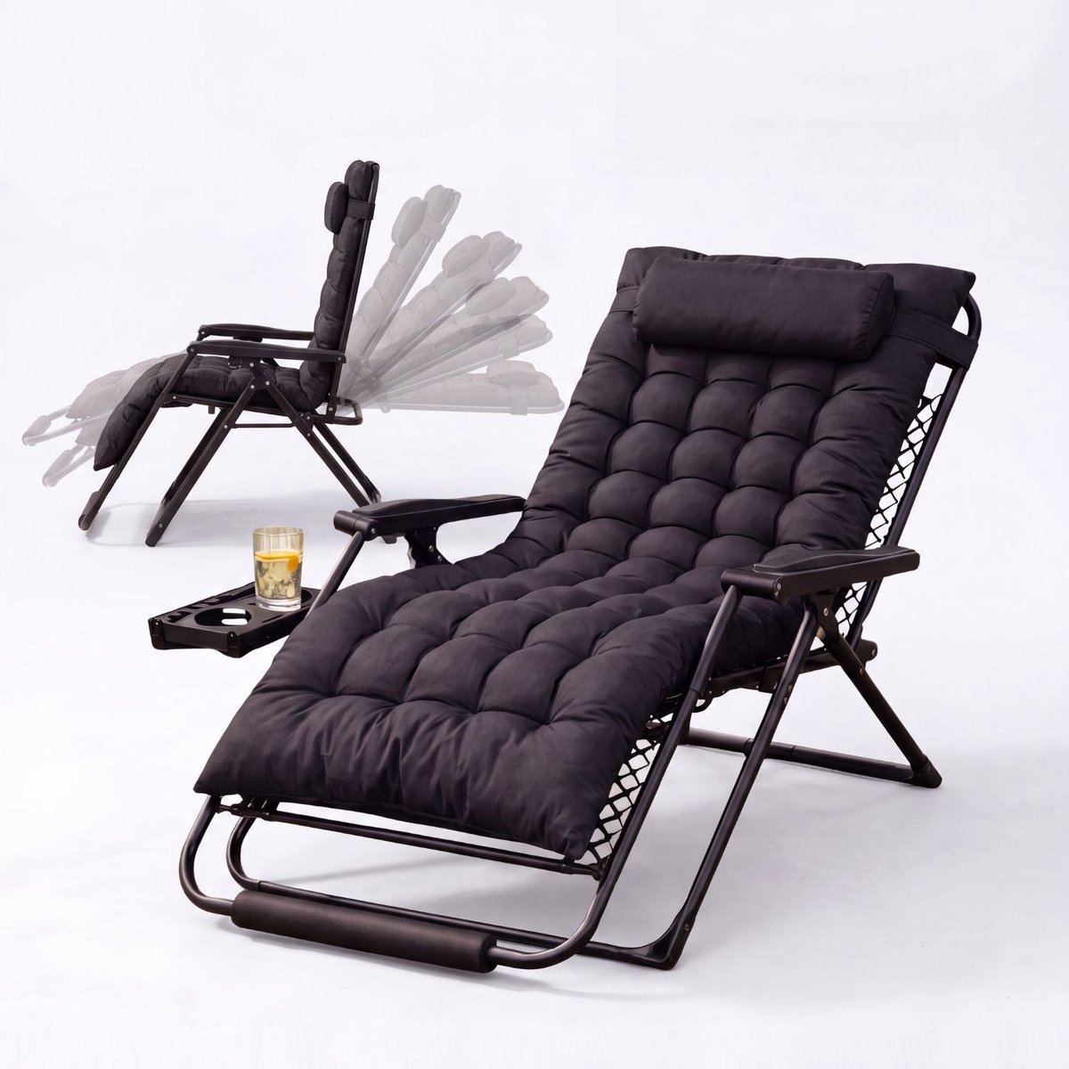 FlinQ 2x XL Relax Tuinstoelen Cloud Comfort Deluxe - Verstelbare Zero Gravity Relaxstoel - Extra breed - Extra dikke kussens - Hoofdkussen & Bekerhouder/Tafeltje - Ligstoel - Tuinmeubelen - Ideale Campingstoel - Ook voor Tuin of Balkon