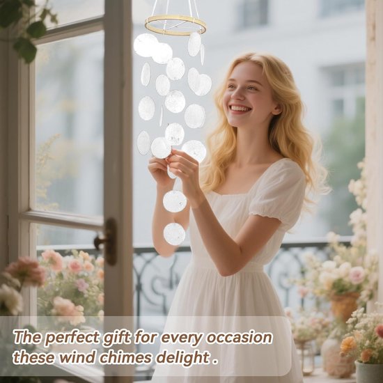 Windspel, vlinder-schelp, windgong, boho-decoratie, dromenvanger, parelmoer, windgong, tuindecoratie, schelp, ketting, slinger, decoratie voor raam, woonkamer, tuin, kamer, terras en balkon, wit — afbeelding 4