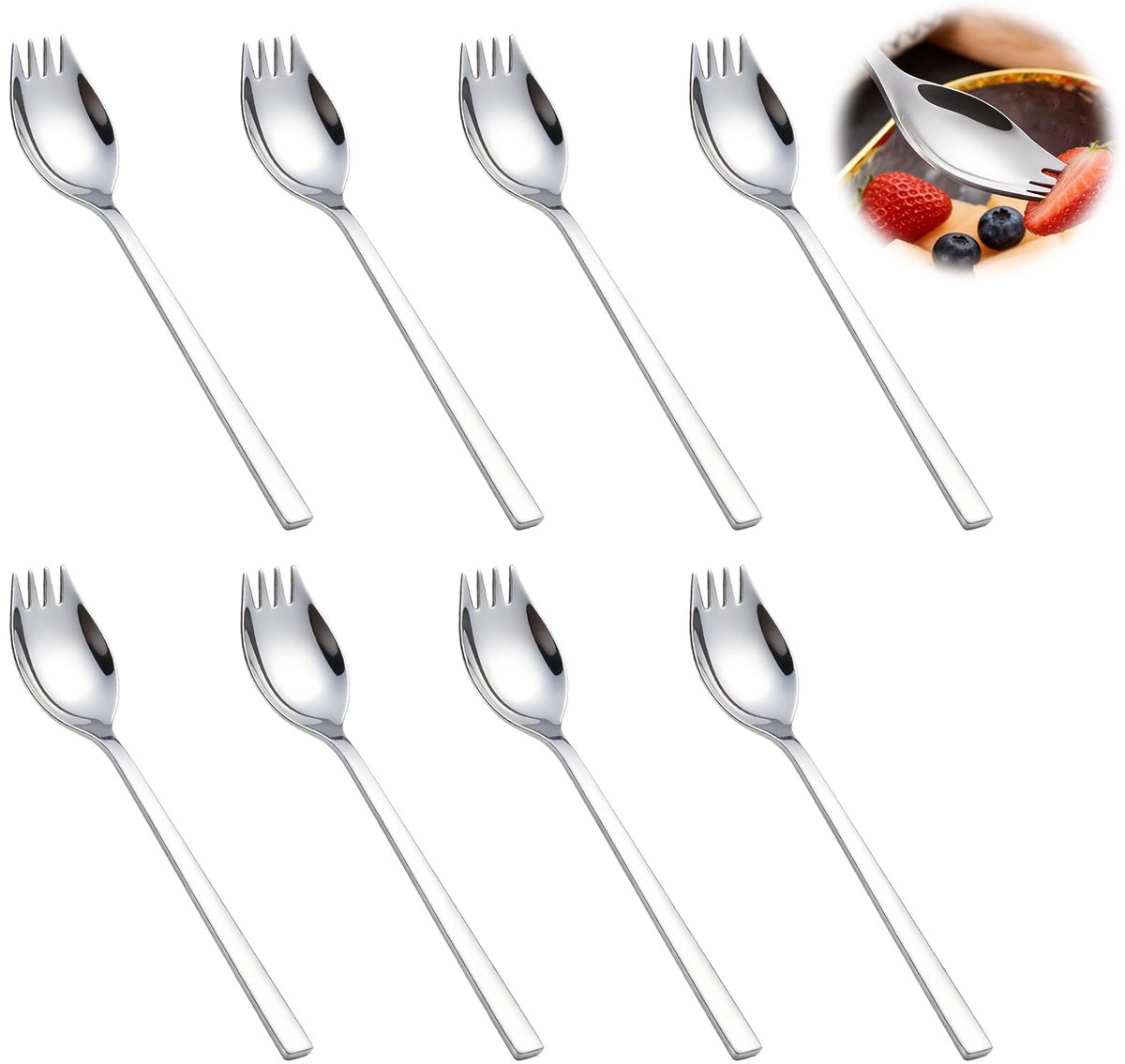 8 stuks roestvrijstalen spork-vorken, 2-in-1 vorklepelset, multifunctionele lepel en vork voor camping, reizen, picknick, huishouden, salade, soep, pasta, draagbare bestekset
