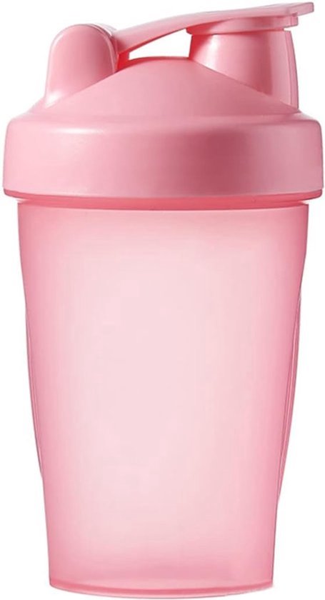 Roze, doorzichtige plastic shaker met een lekvrije, omklapbare dop.