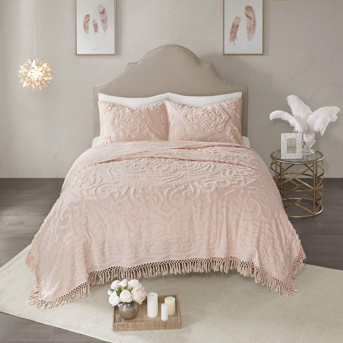 Park Lichtgewicht, ademende Chenille Tufted Cotton Quilt, Shabby Chic Boho Medaillon Design, Kwastje Fringe Bedsprei Coverlet, Shams Full/Queen (90 x 90 inch), Ivoor 3 Stuk