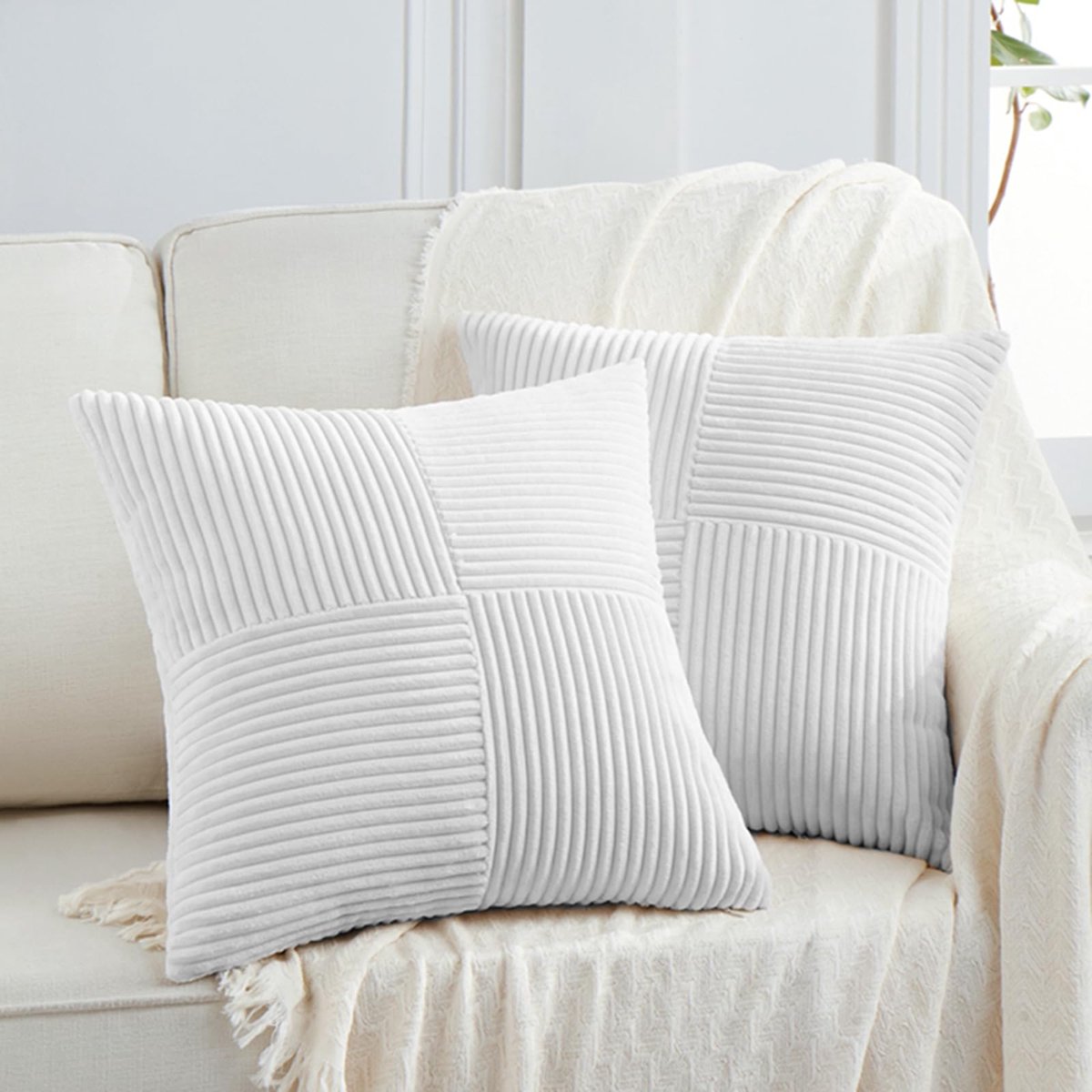 Set van 2 boho corduroy kussenhoezen, puur witte effen pluizige vierkante kussenhoezen, decoratieve kussenhoes, bankkussen, decoratieve kussenhoes voor bank, slaapkamer, woonkamer, 45 x 45 cm