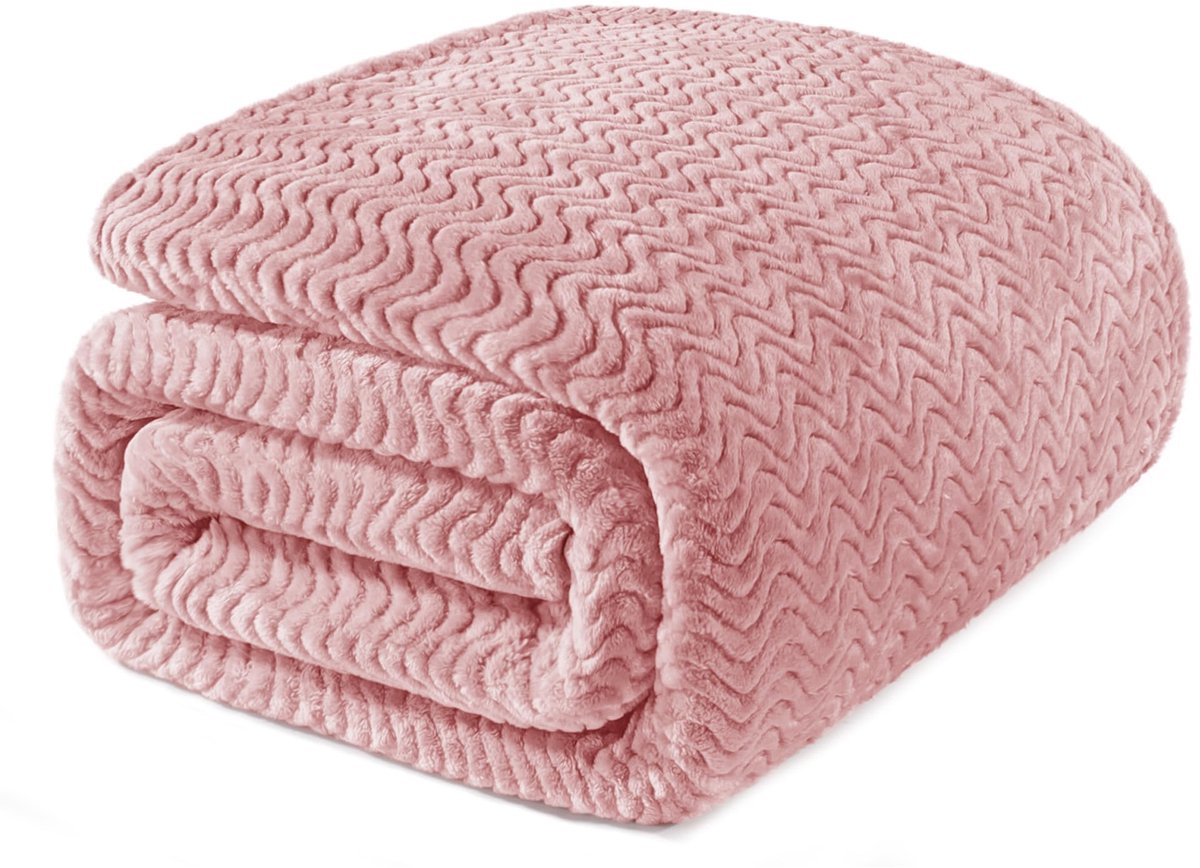Mezcla Queen Size Jacquard Weave Wave Patroon Flanellen Fleece Fluwelen Pluche Bed Deken als Sprei/Coverlet/Bed Cover (230x230cm, Roze) - Zacht, Lichtgewicht, Warm en Gezellig