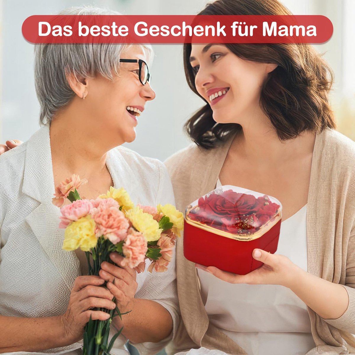 roos met hart, halsketting, Infinity Rose geschenkdoos voor vriendin, mama, echte geconserveerde bloemen, geschenkdoos voor verjaardag, Kerstmis, trouwdag, Moederdag (rood)