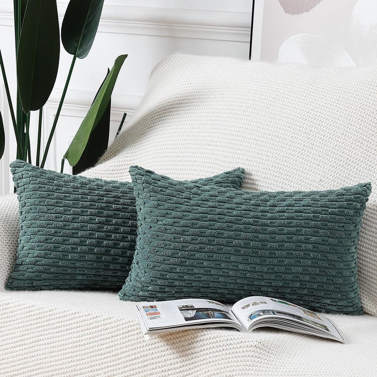 Set van 2 Corduroy Boho Kussenslopen Zacht Decoratief Kussenhoesje voor Bank Slaapkamer Kussenomslag 30x50 cm Donkergroen