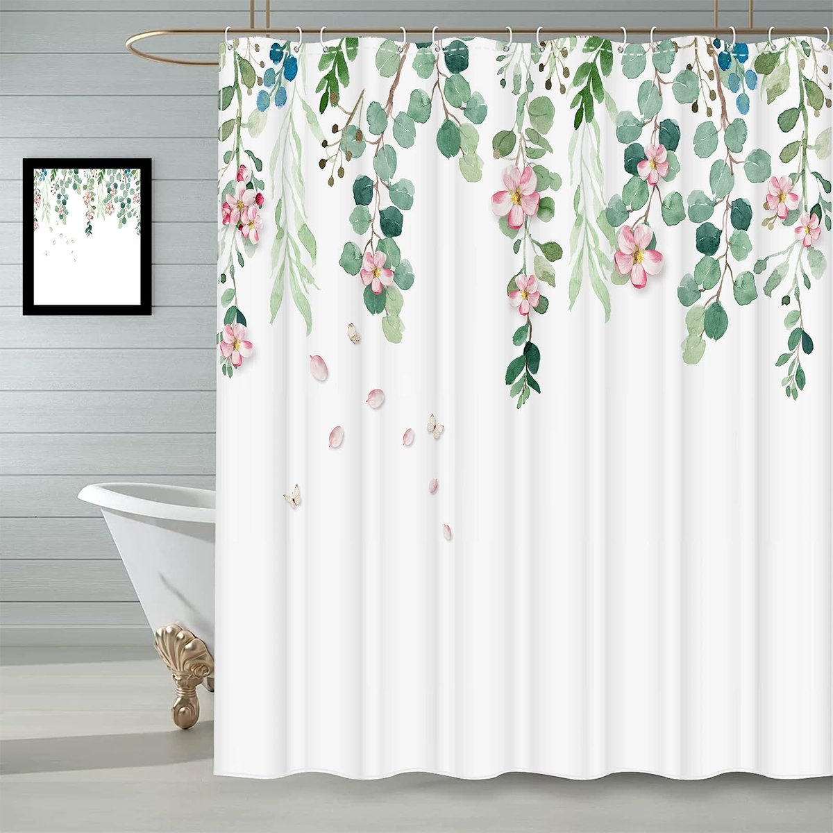 Douchegordijn, 180 x 180 cm, bloemen met groen, de zoom hangt natuurlijk, waterdicht en schimmelbestendig, met inslagringen en 12 douchegordijnringen (wijnstokken)