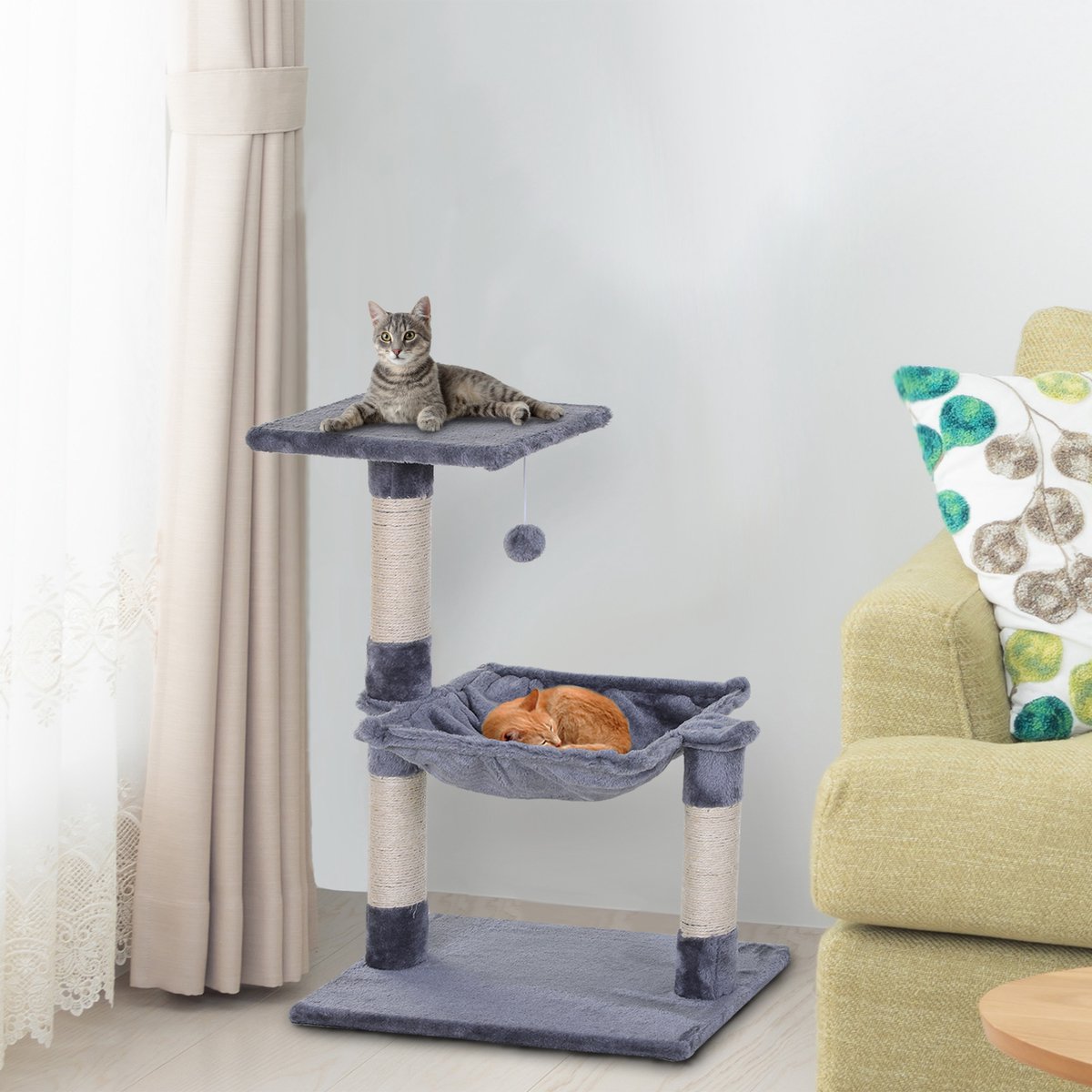 Kattenboom 70 cm Kleine kattenboom met pluche bal, sisalpaal, groot platform, hangmat, krabpaal, klimboom, voor kleine katten, grijs – foto 3