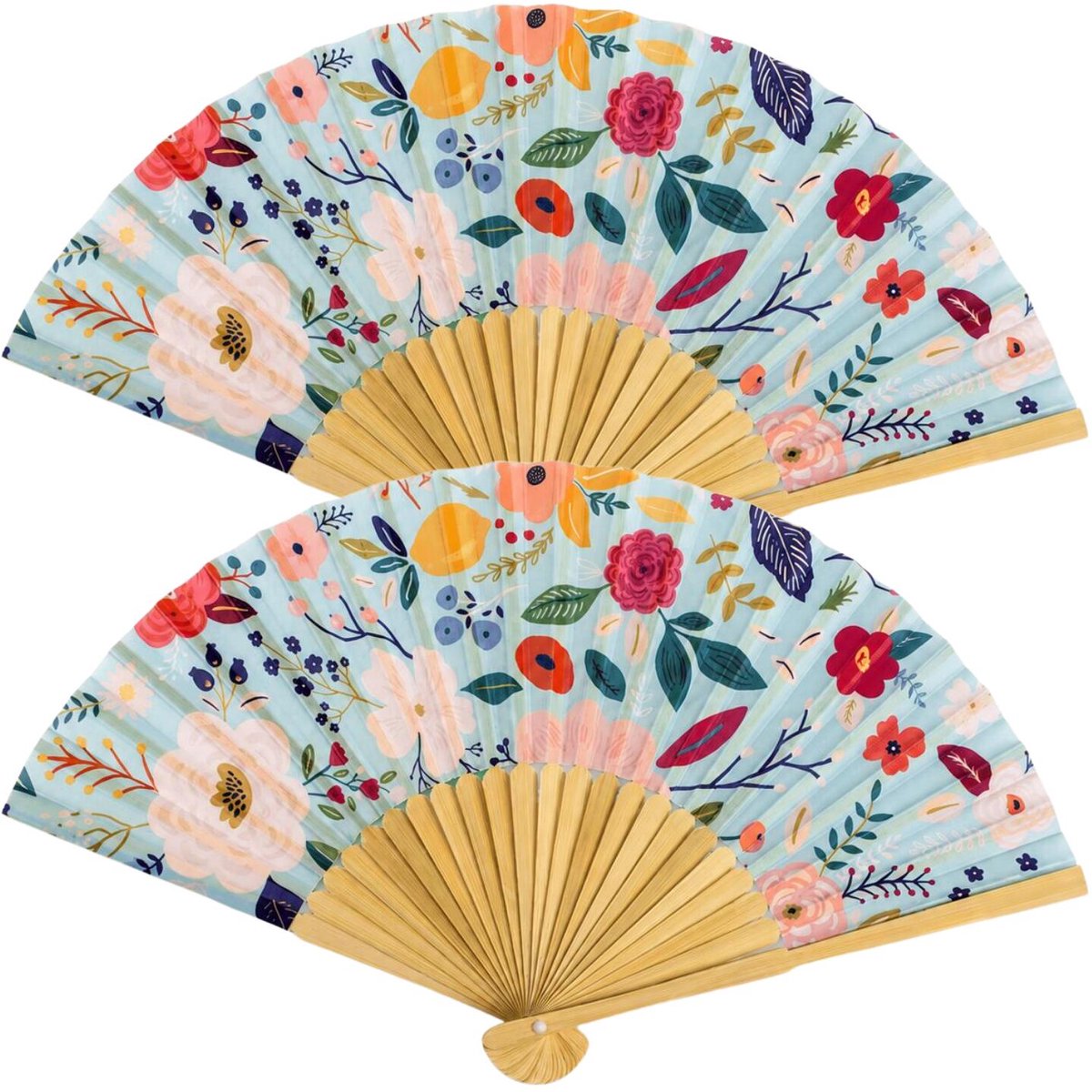 Spaanse hand waaier - 2x - bloemen - lichtblauw - 21 cm - bamboe/papier