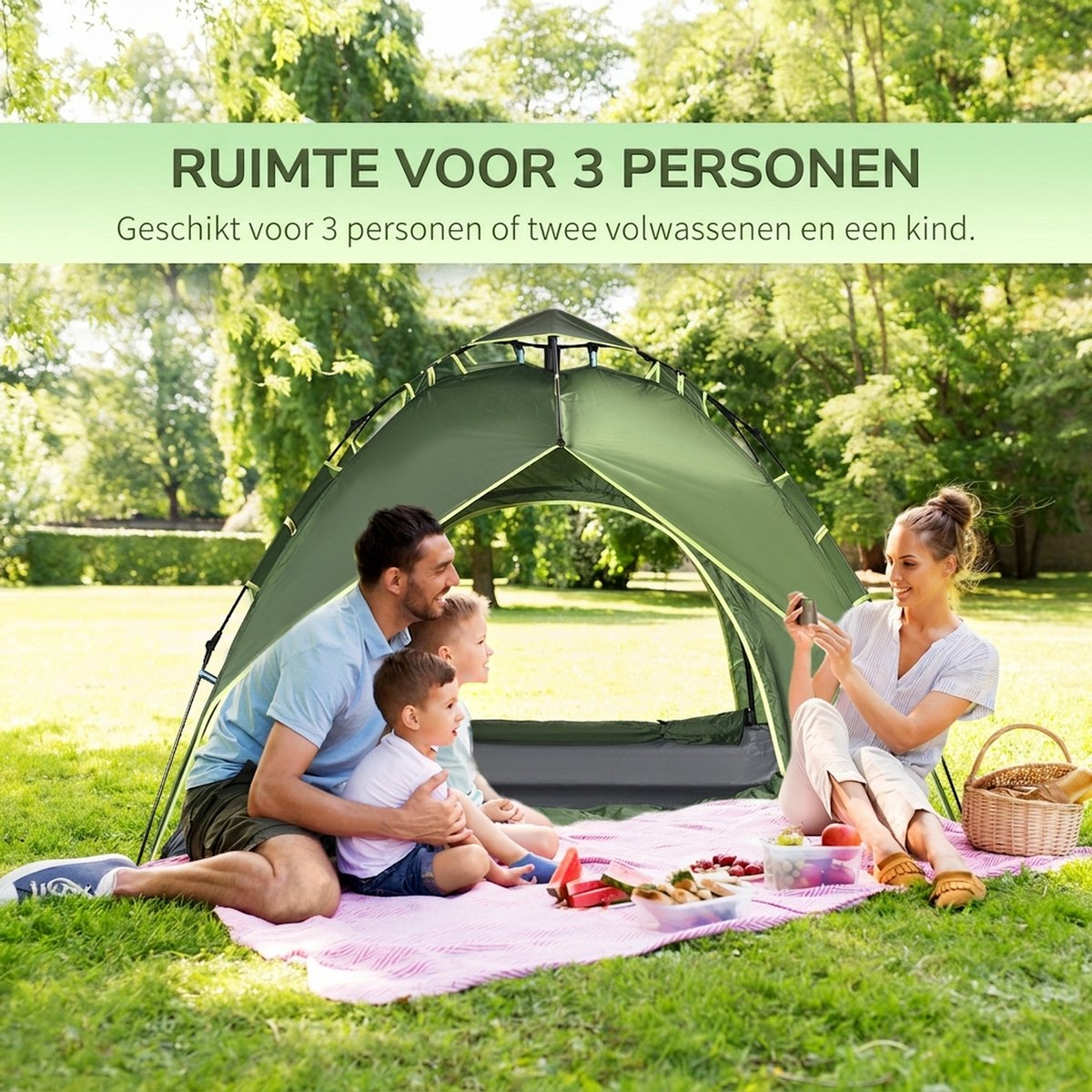 Kampeertent - Pop Up Camping Tent - Kampeertent voor 2 Personen - Met 1 transporttas - Waterdicht en Ventilerend Muggengaas - UV bescherming - Groen – foto 4