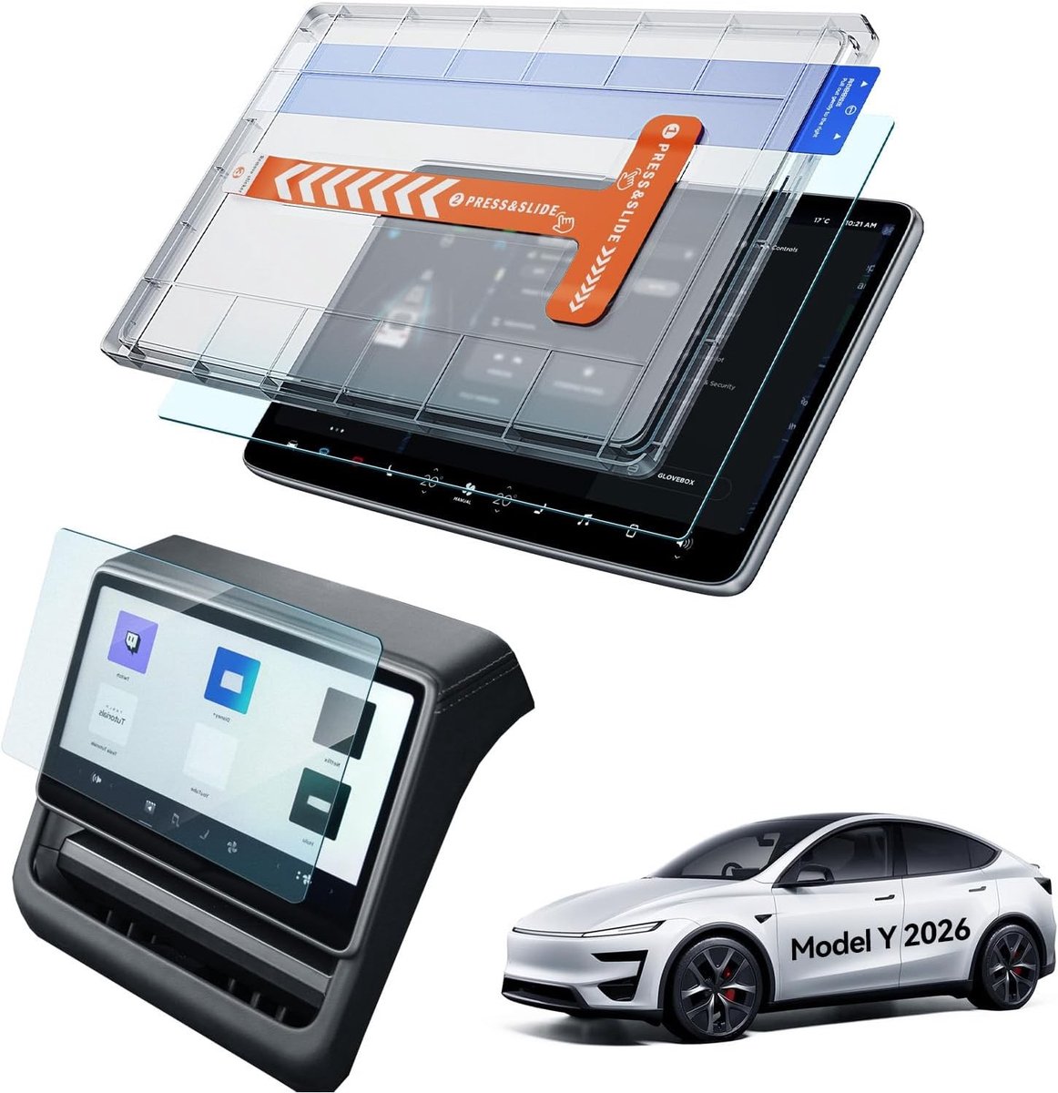 Premium Tempered Glass Screen Protector Set voor Tesla Model Y 2026 - 16" en 8" Schermbescherming met Installatiekit, 9H Hardheid, Voor Voor- en Achterdisplay