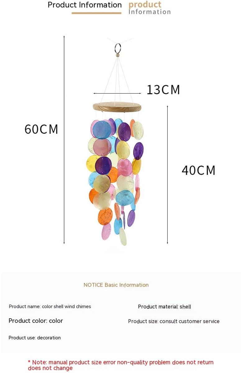 Windspel, boho decoratieve schelp dromenvanger parelmoer windgong tuindecoratie 60 x 40 x 13 cm Capiz schelp ketting slinger hangende decoratie voor raam of decoratie woonkamer tuin decoratie