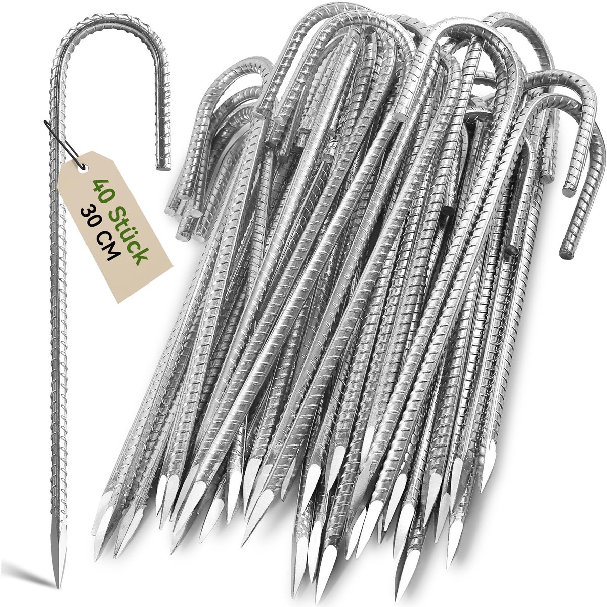 SnelShoppen - 40-pack zware grondpennen 30 cm voor trampoline tenten - verzinkt stalen roestvrij J-haak met beitelpunt voor tuin, camping, schommels e